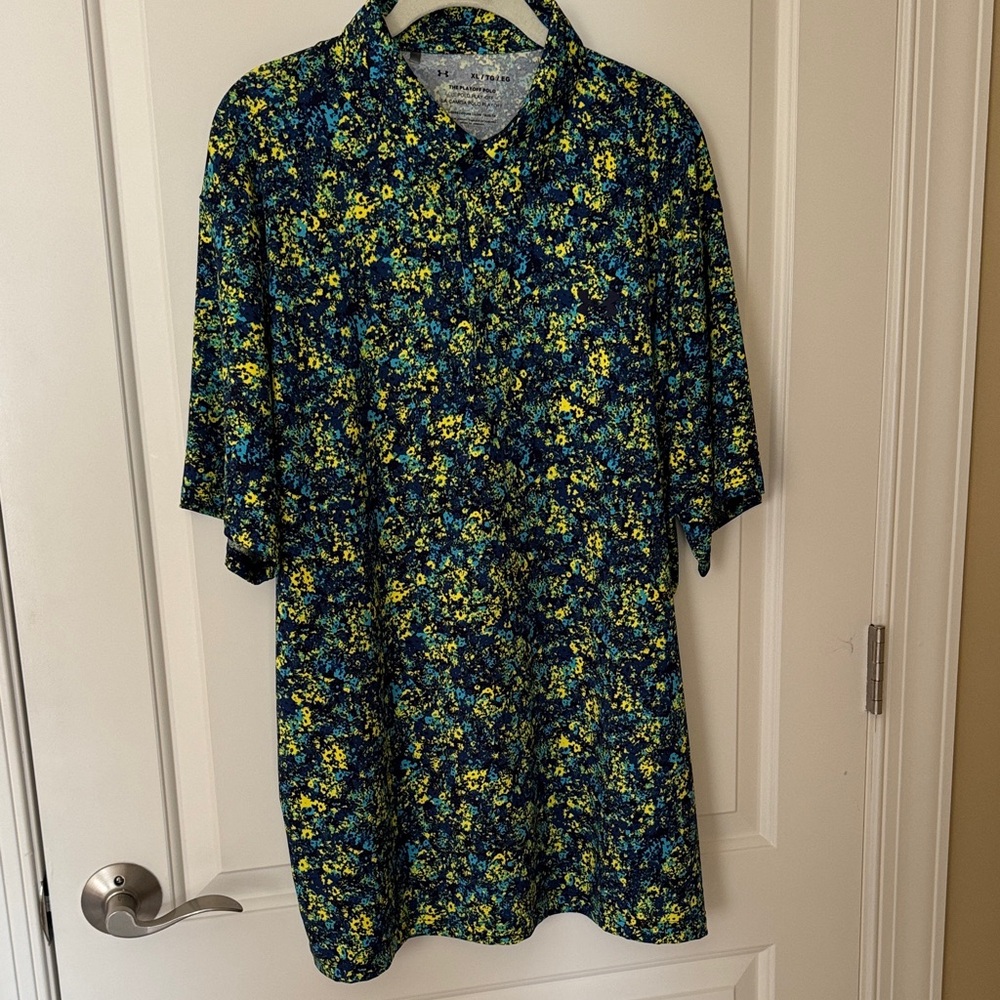 Under Armour Men's Playoff Polo Navy and Yellow Patterned Shirt